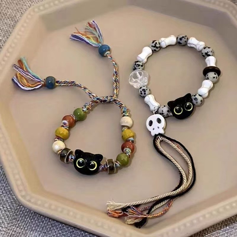 Gelang tengkorak kepala kucing lucu dari keramik gaya Cina, unisex, dengan rumbai warna-warni, cocok