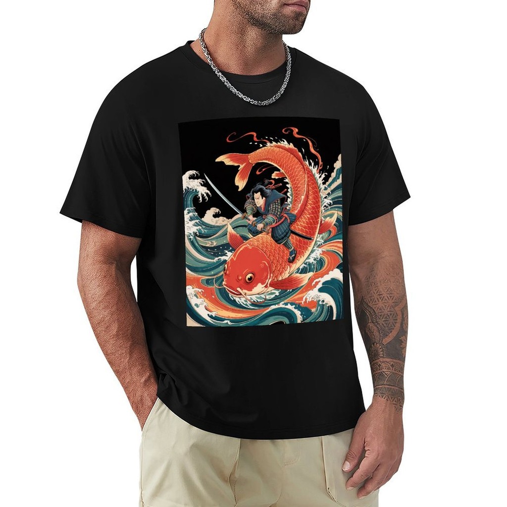 Samurai Riding Koi Fish T-shirt Japanese Ukiyo-e Ocean Power Art