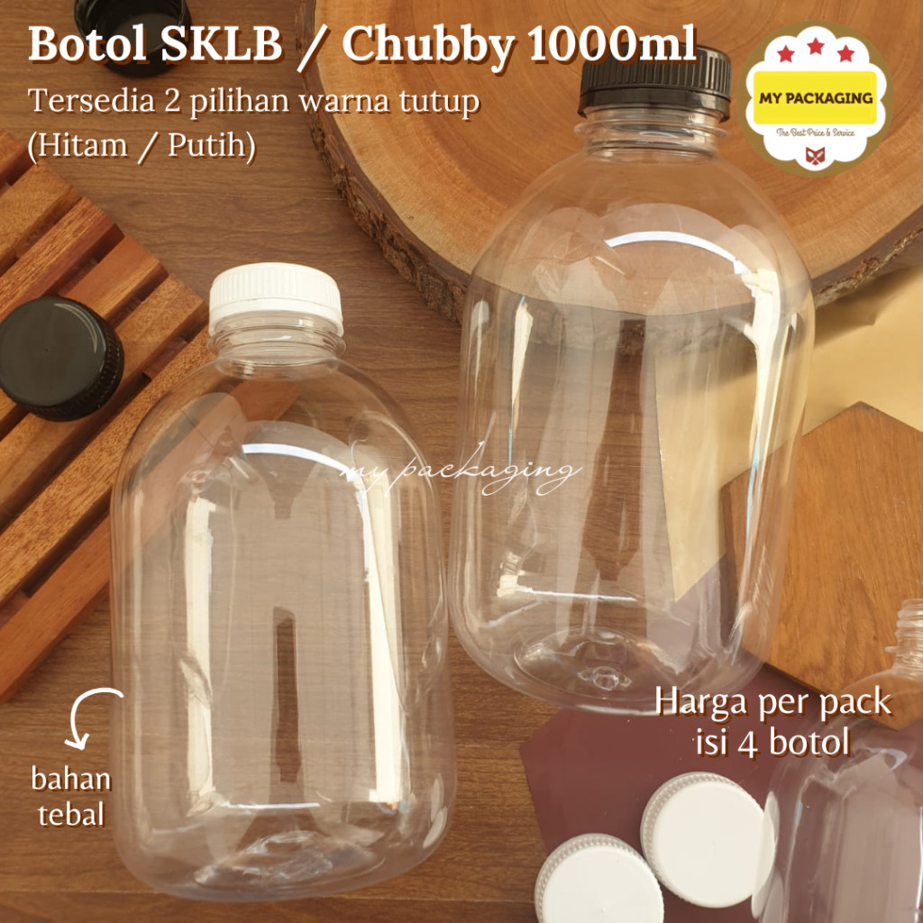 Botol Plastik KALE SKLB 1 liter Gendut Gemuk Cubby- 1000ml TEBAL 45gr + Tutup (harga per pack isi 4 