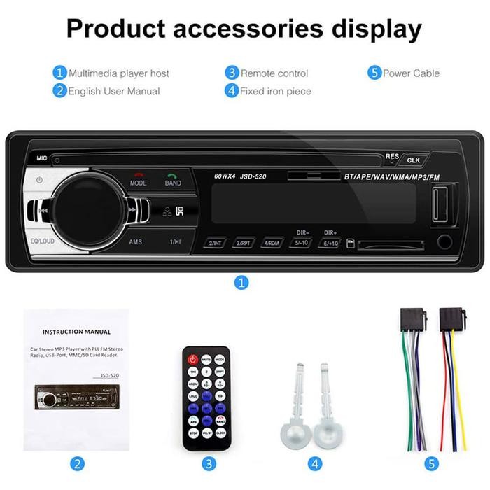 JSD-520 Head Unit Single Din Stereo Dengan Bluetooth Handsfree Untuk Mobil Tape Audio Radio Mobil Mu
