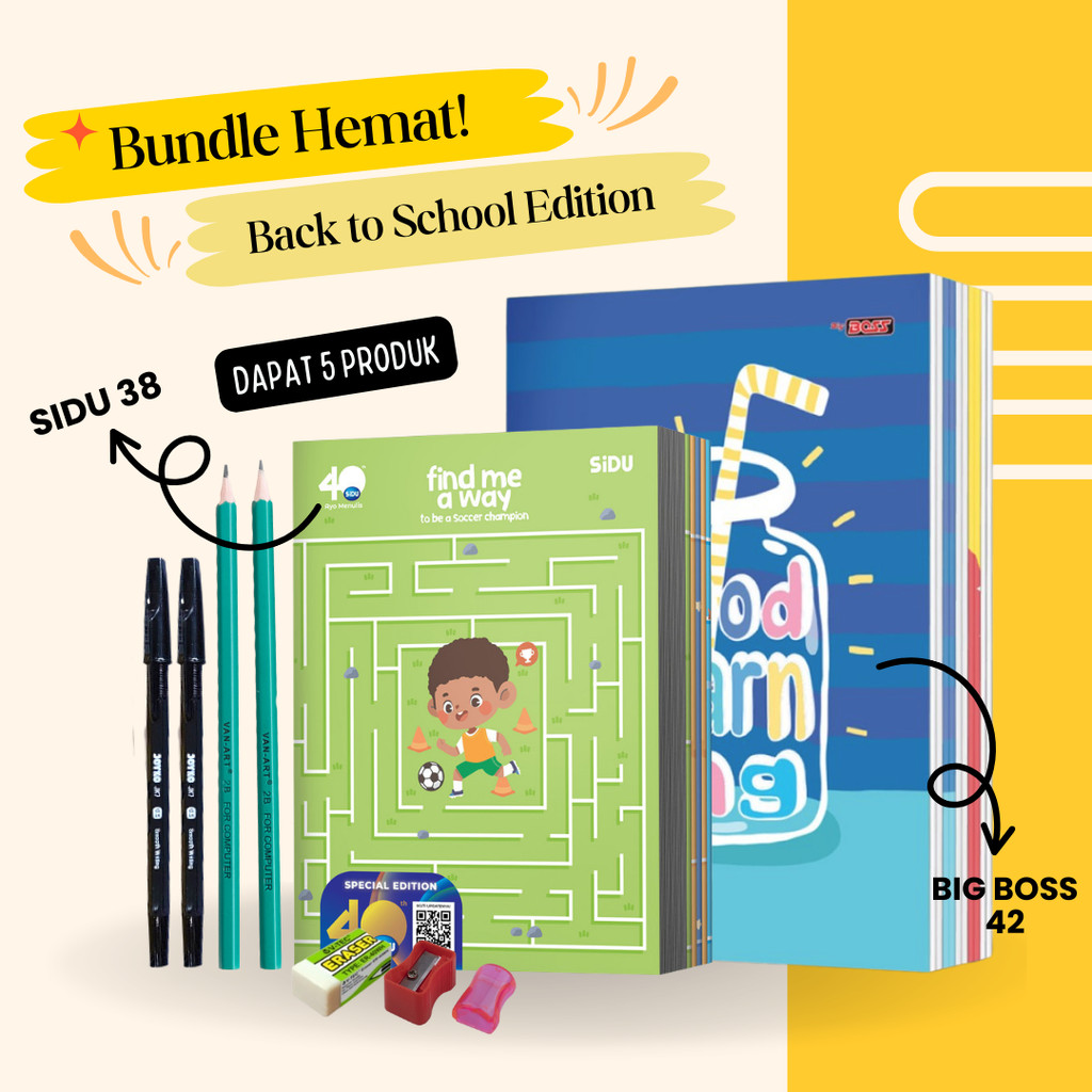 

[BUNDLING HEMAT] Paket Alat Tulis Sekolah 1 PAK Buku SIDU / BIG BOSS + Pulpen Pensil Penghapus Serutan 5 in 1
