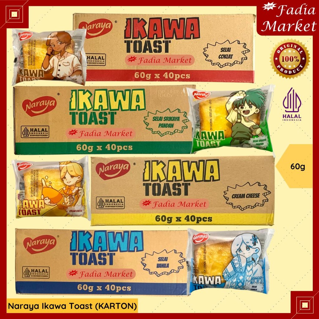 

Naraya Ikawa Toast Roti Murah Isi Selai Kaya Pandan Coklat Keju Vanilla 60g KARTON