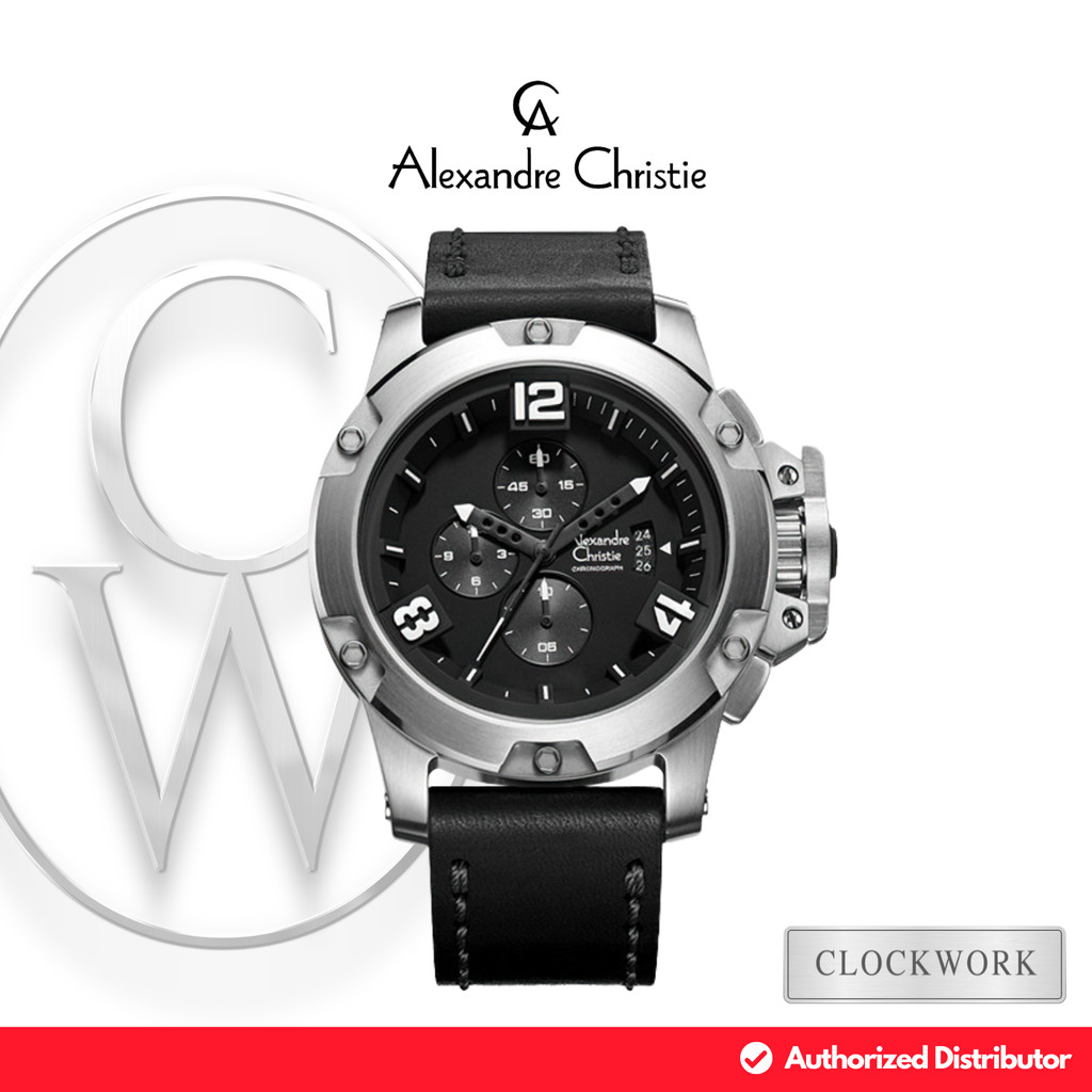 Jam Tangan Pria Alexandre Christie Chronograph AC 6295 MCLSSBA Kulit Sporty Silver dial Hitam