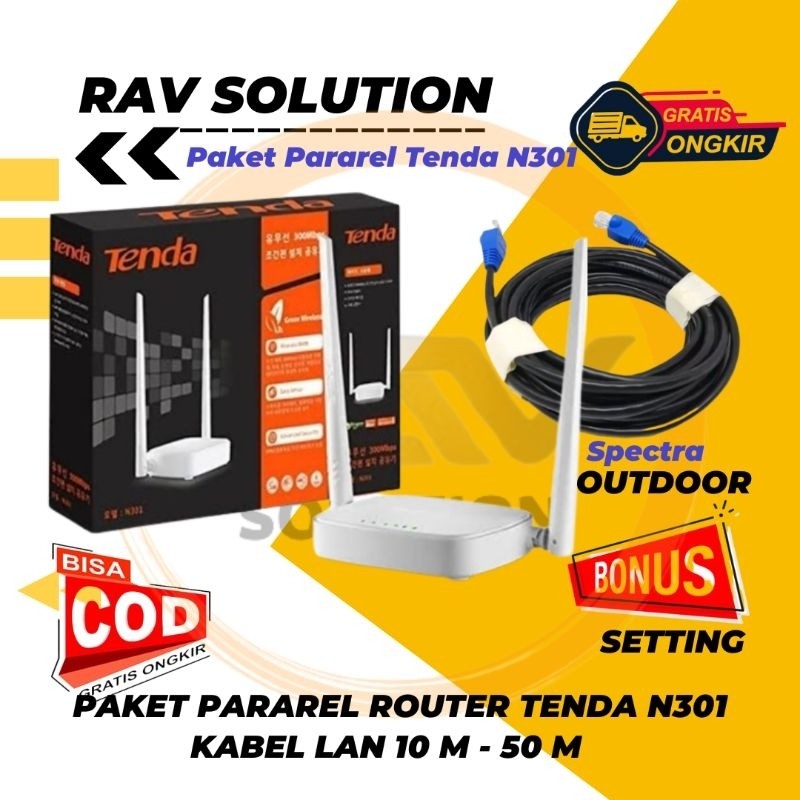 ROUTER TENDA N301 + KABEL LAN OUTDOOR SIAP PAKAI