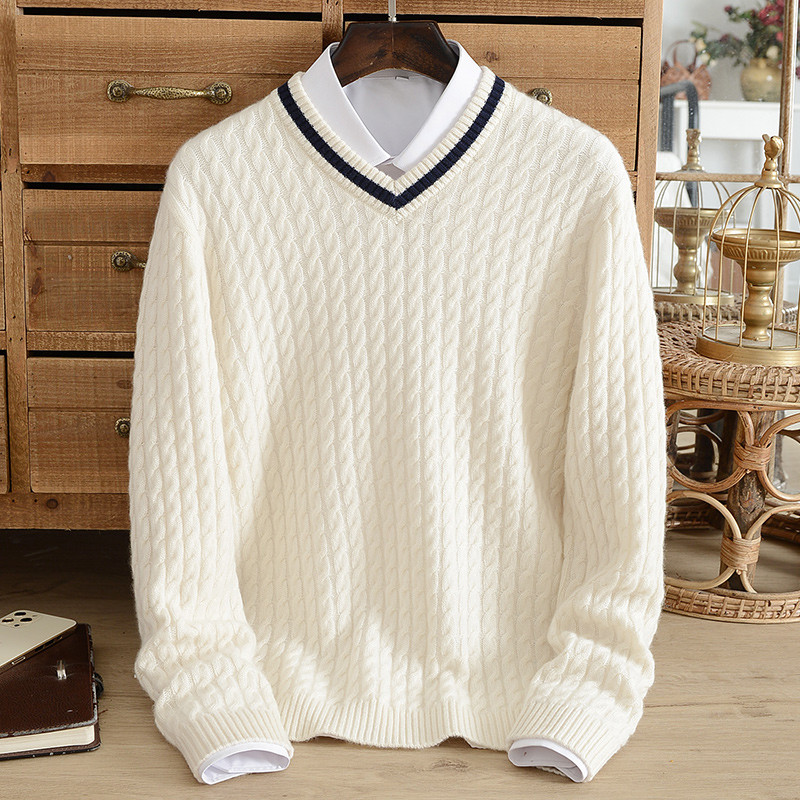 

Winter top thickened pure cashmere sweater men's v-neck jacquard knitted sweater student warm bottoming shirt youth fashion