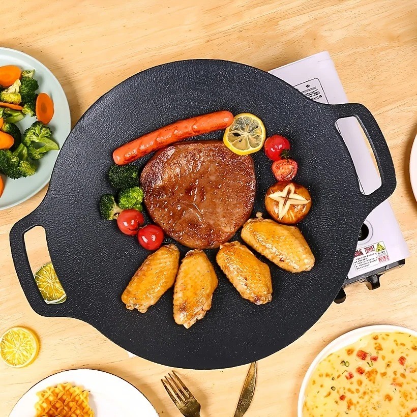 Cast Iron Roasting Pan Double Handled Crepe Pan Nonstick Round Griddle Grill Pan For BBQ Round Kitch