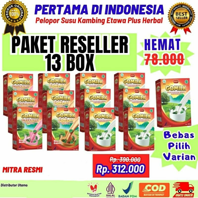 

[ Paket Reseller 13 Pcs x 200gram, Berat + Packing = 3kg ] Gomilk Susu kambing etawa Plus Herbal Gomilk Official