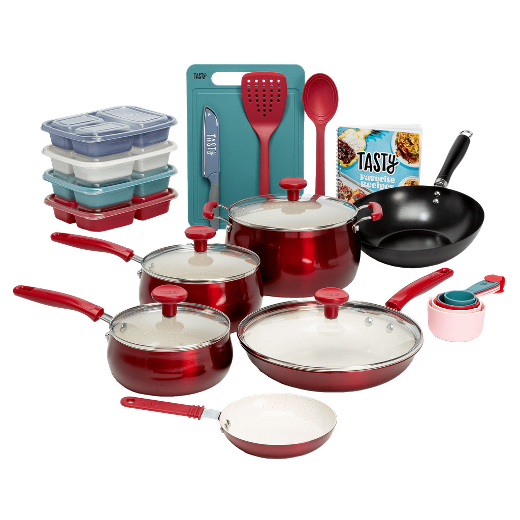 Clean Ceramic 24 Piece Non-Stick Aluminum Cookware Set, Red cookware cookware set kitchen pots and p
