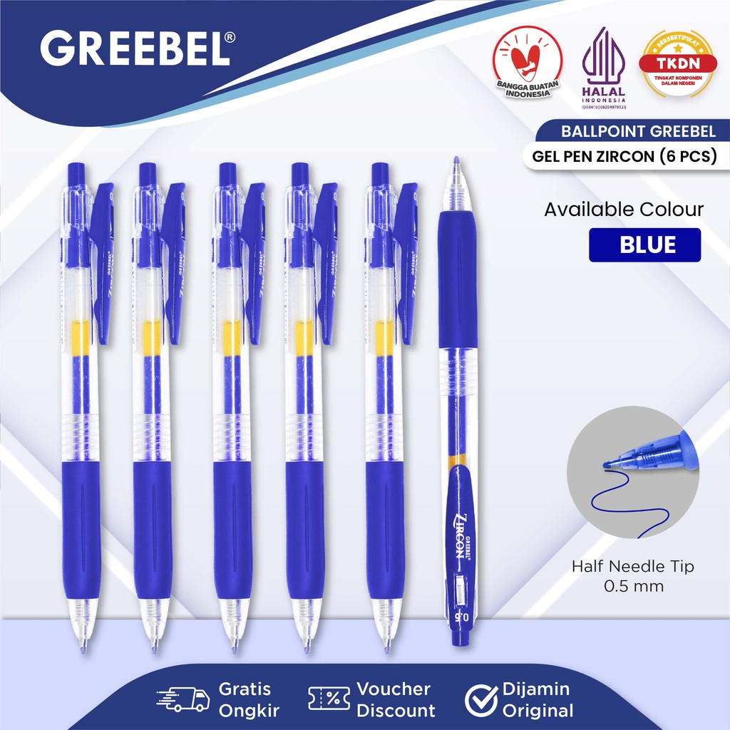 

GREEBEL PULPEN GEL / GEL PEN GP-509 Zircon Biru 0.5 (6PCS/SET) / Ballpen Gel Ballpoint Bolpen Bolpoin Pena Gel