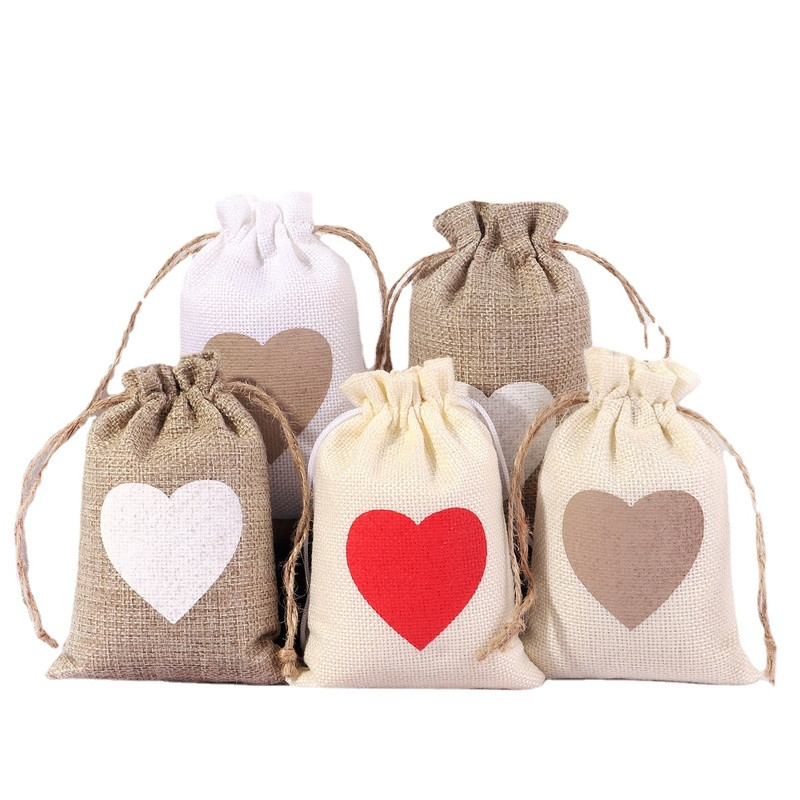 

10pcs/lot White Khaki Drawstring Linen Love Gift Bag Halloween Valentine's Day Christmas Party Wrapping Bag 10x14cm Key Storag