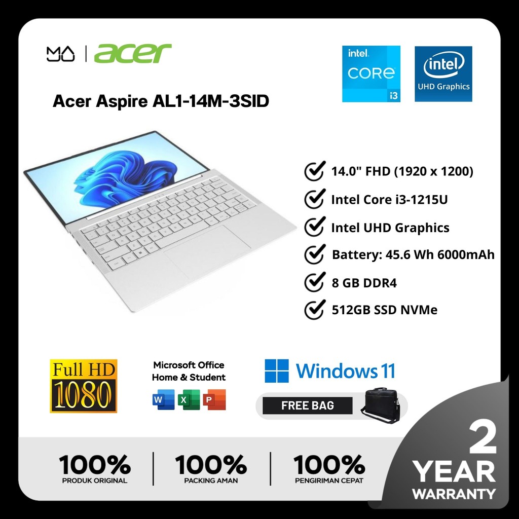 Laptop ACER Aspire Lite 3SID Intel Core i3-1215U RAM 8GB SSD 512GB Garansi Resmi