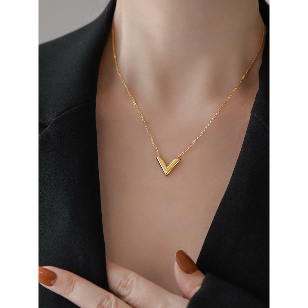 17K EMAS ASLI /COD ❤️Rantai collarbone kalung huruf V