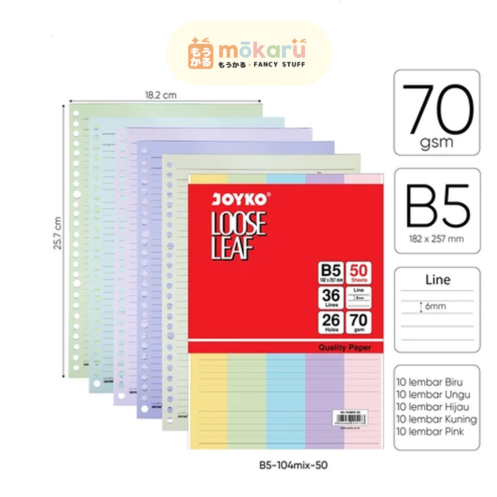 

Joyko Loose Leaf Isi Ulang Refill Binder Paper A5 103MIX 50 Lembar Colorful Rainbow Ruled Bergaris