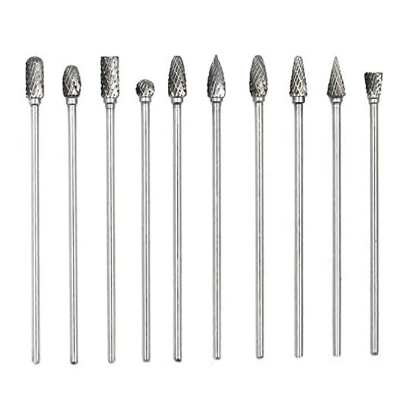 10Pc 6 Inch Long Double Cut Tungsten Solid Carbide Rotary Burrs Set 1/8 Inch(m) Shank Twist Drill Bi