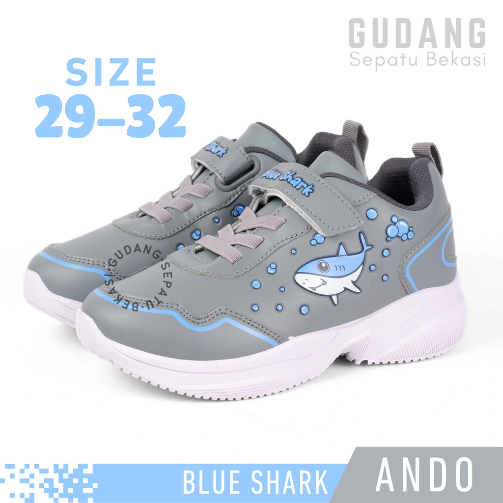 Sepatu Sekolah Anak Perempuan TK SD PAUD Ando Blue Shark Abu-abu Perekat Slip On
