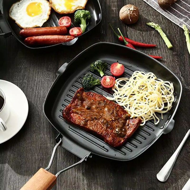 (GTT) Teflon Lipat Square grill pan / Teflon Penggorengan Portable BBQ Square Grill Pan / Teflon Ant