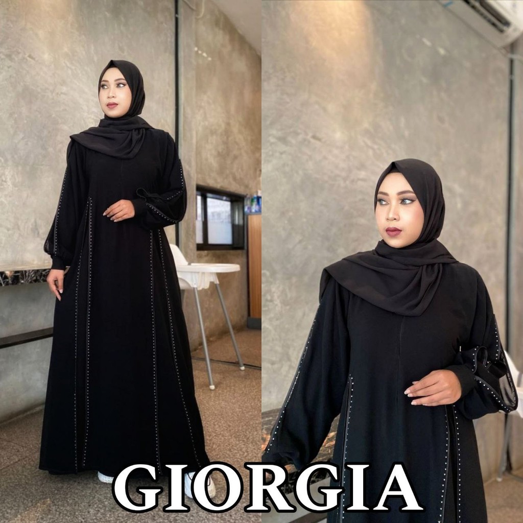 Abaya Gamis Saudi Hitam Jetblack Premium Sifon Maxy Swarovski Mewah - GIORGIA