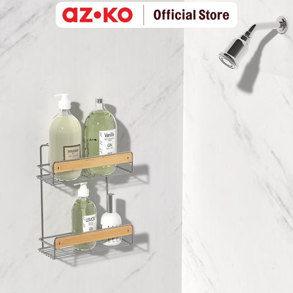 AZKO Stora Rak Dinding Kamar Mandi 2 Tingkat Chrome Shower Wall Shelf Organizer Tempat Sampo Sabun R
