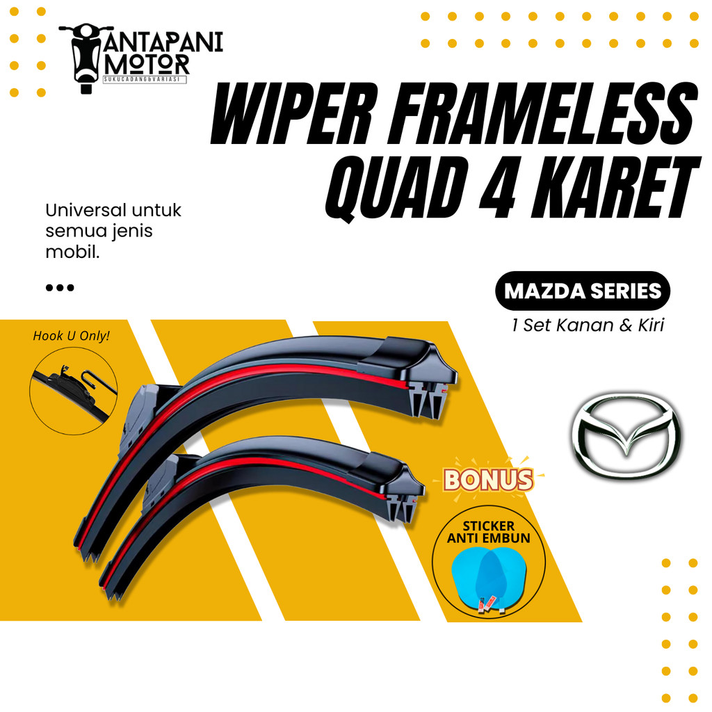 Wiper Mobil MAZDA QUAD Tanpa Rangka Besi / Full Karet Satu Pasang Kiri Kanan Untuk Kaca Depan / Wind