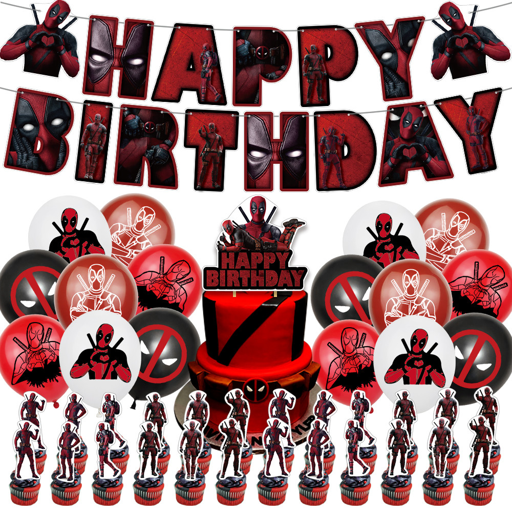 

1Set Deadpool Balloon Avengers Latex Ballons Happy Birthday Banner Flag Super Hero Party Decoration Supplies Kid Boy Cake Topper