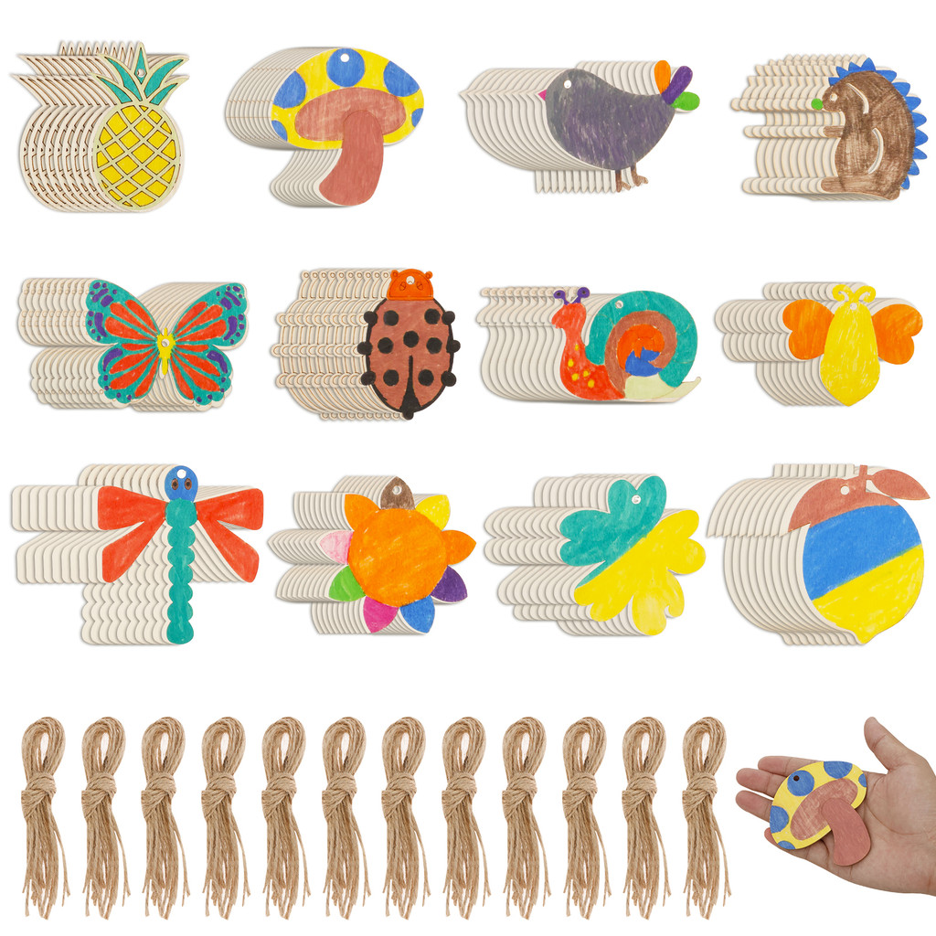 

120Pcs DIY Unfinished Wooden Pendants 12 Styles DIY Blank Wood Chips Animals Flower Fruits Crafts Hollow Hanging Decoration