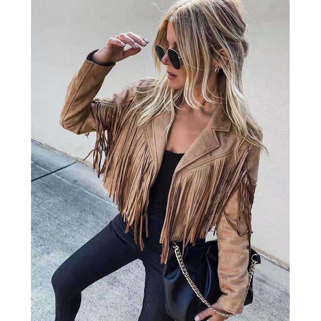 Women Y2k Fringed Hem Tassel Cardigan Crop Tops E-girl Motor Biker Jacket Suede Leather Jacket 90s V