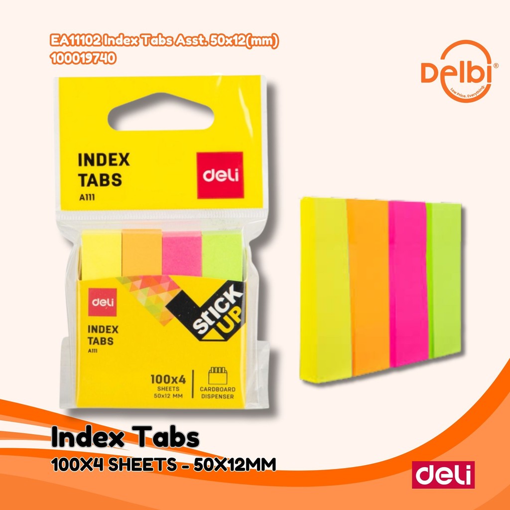 

Deli Index Tab penanda warna cerah melekat kuat media yang ditempel tetap bersih 100sheet EA11102 Index Tabs Asst. 50x12(mm)