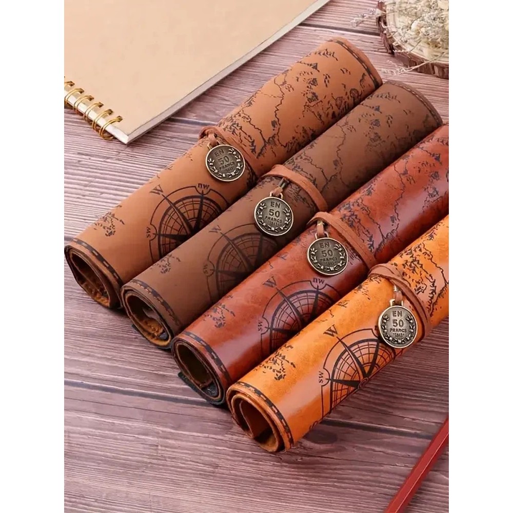 

1PC Creative Treasure Map Retro Pencil Case Leather Large Capacity Roll Pencil Bag Embossed Buckle Simple Stationery Box Roll Po