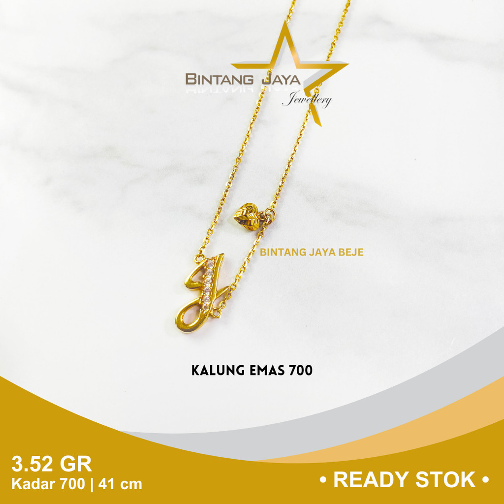 Kalung Emas Kadar 700 16K Panjang 41 CM Berat 3.52 gr gram Model Huruf J Mata Putih Love Kait S Kalu