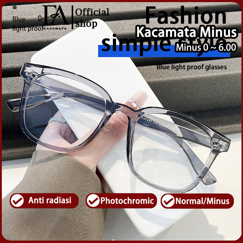 FOMAMATA Kacamata Photocromic Minus Silinder Wanita Pria Frame Bluecromic Anti Blueray Kaca Mata Opt