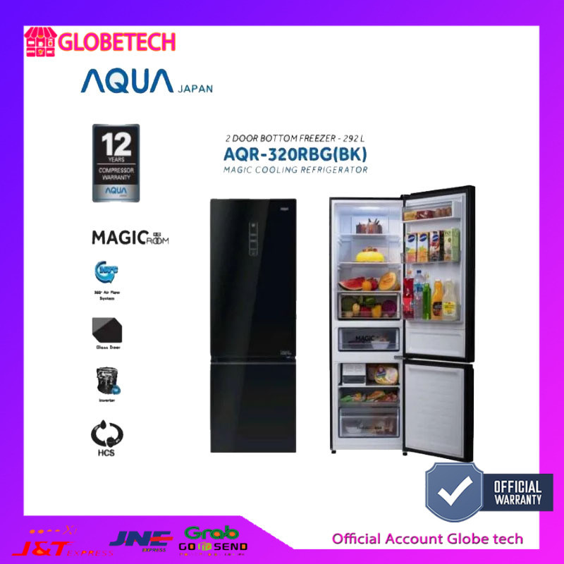 AQUA JAPAN AQR-320RBG(BK) Kulkas 2 Pintu Bottom Freezer Inverter 317 Liter GARANSI RESMI