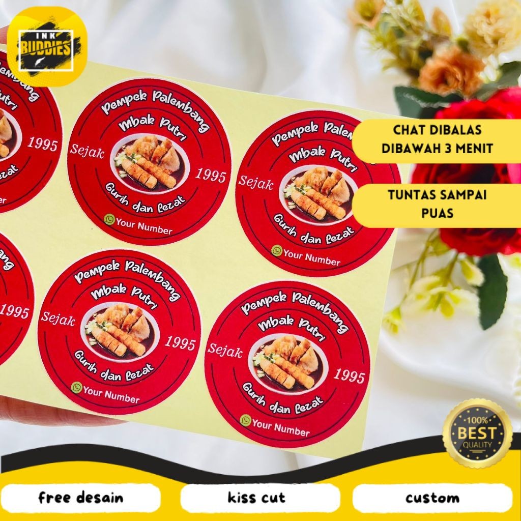

INB 9-15 Cetak Sticker Makanan Pempek Chromo Bulat Free Desain Cutting Kiss Cut Custom Murah