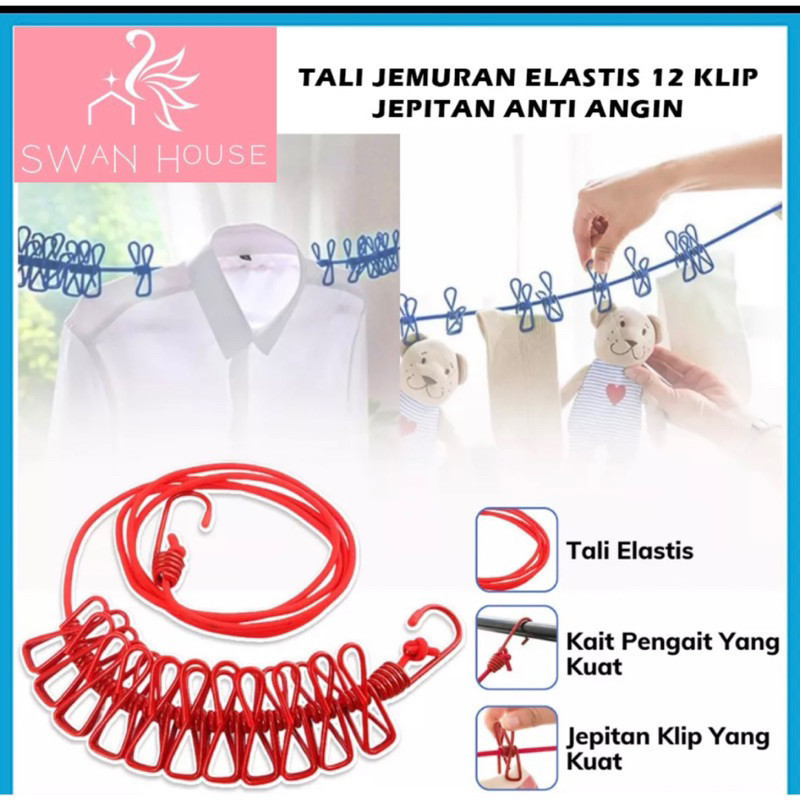 Tali Jepitan Jemuran Pakaian 12 Jepit Portable Bahan Kawat Besi / Tali Jemur / tali gantungan jemura