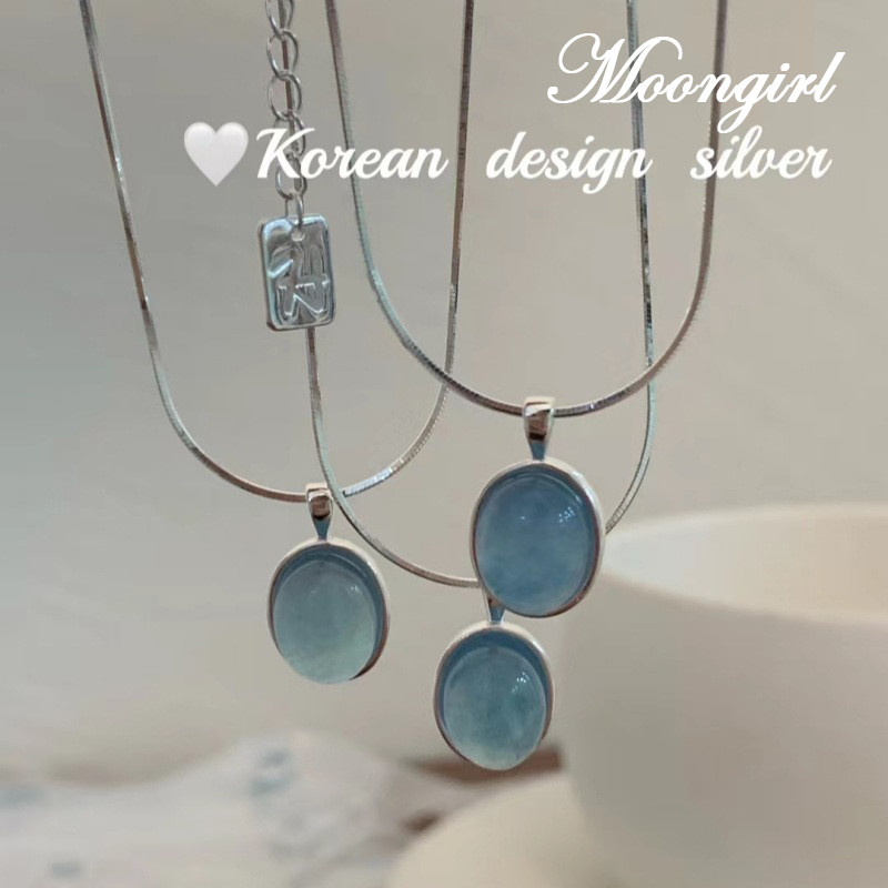 【Moongirl】Kalung batu bulan aquamarine untuk kalung liontin batu permata wanita rantai tulang selang