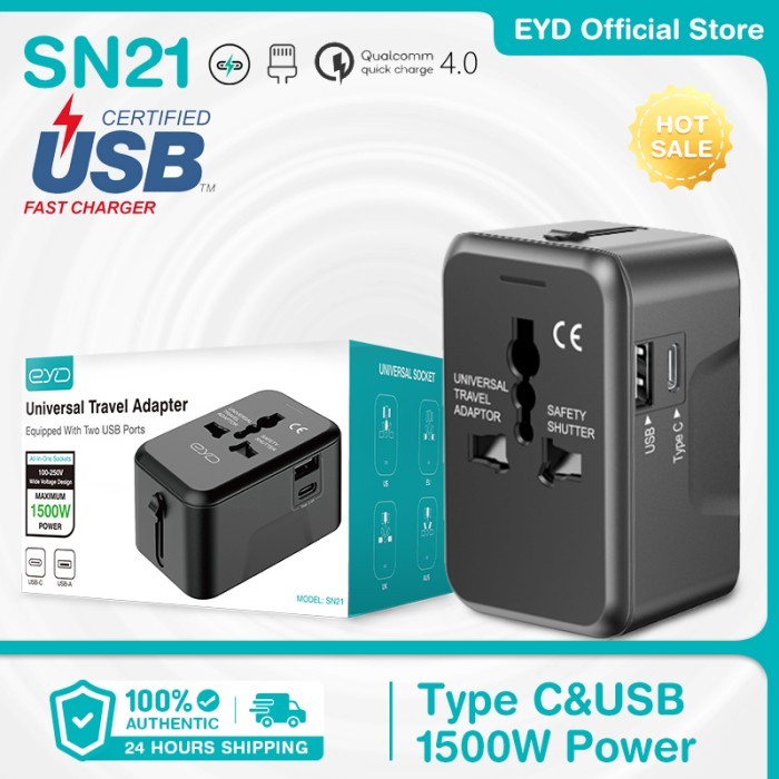 SALE - EYD SN31 All-in-one Travel Universal Adapter Plug Charger With 2 USB-C & 1 USB-A (100V-250V~1