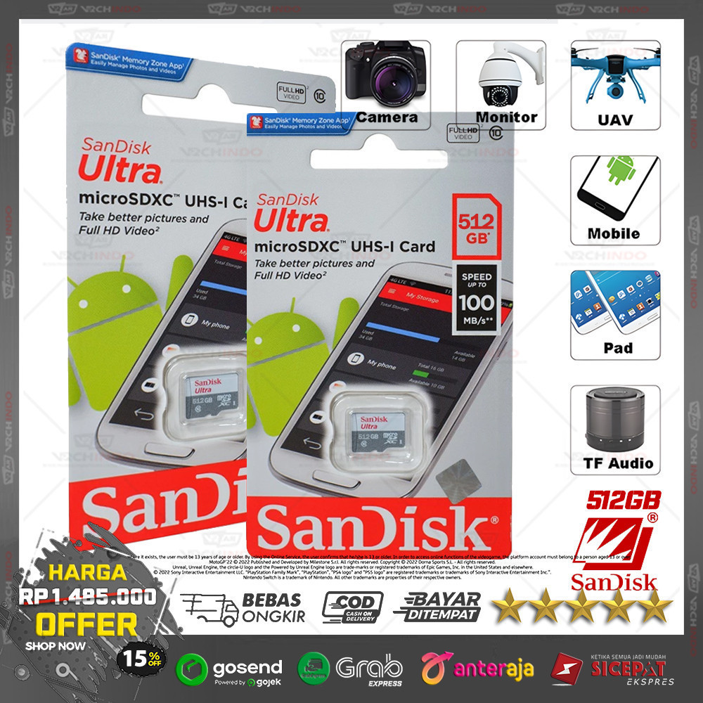 Micro SD 16GB / 32GB / 64GB / 128GB Sandisk Ultra A1 Class 10 Speed 100 Mbps Memory Card Original 