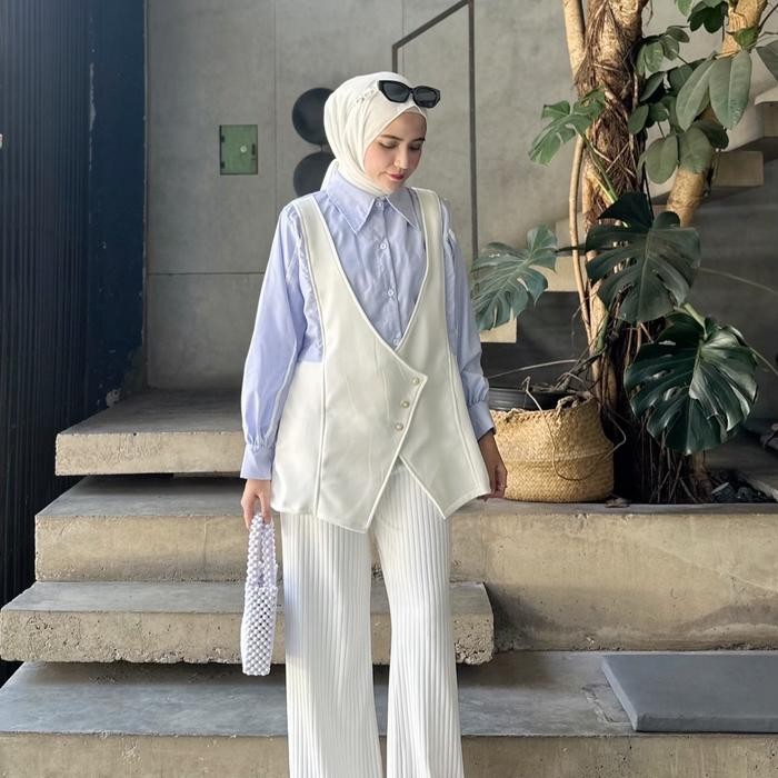 Kemeja Rompi REBECCA Wanita Busui Muslim Kekinian Navy Cloth Katun mewah Fashion Hijab premium trend