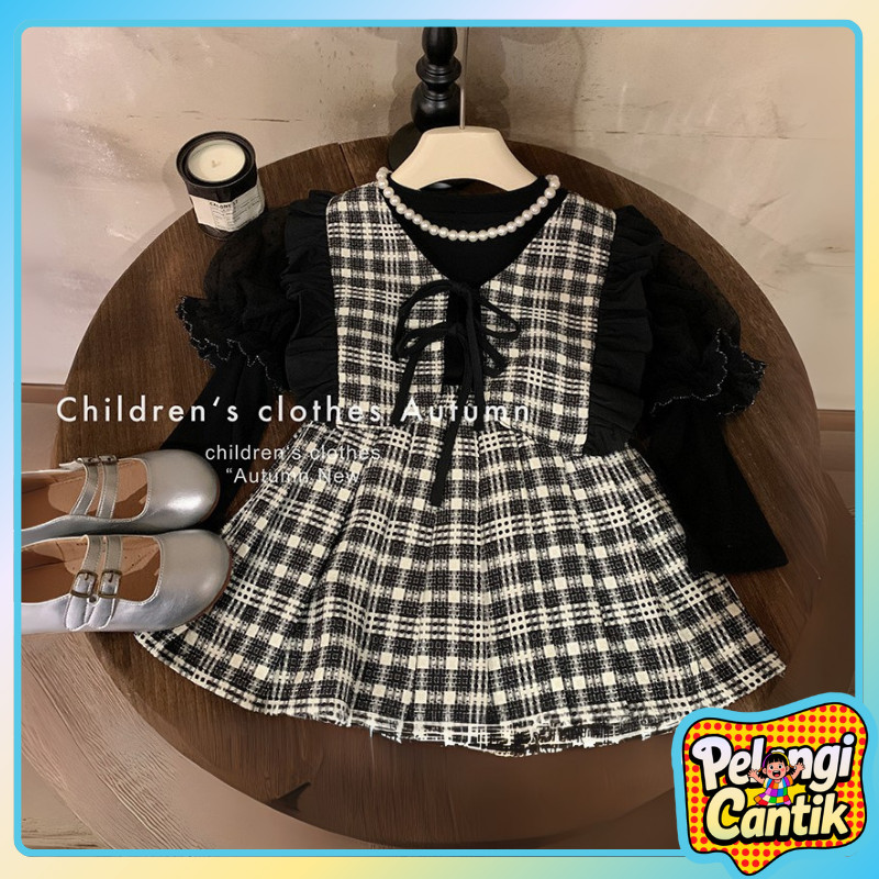 Uisa 6 Bulan - 4 Tahun Baju Dress Anak Perempuan Dress Lengan Panjang Renda Anak Cewek Hitam Dan Put