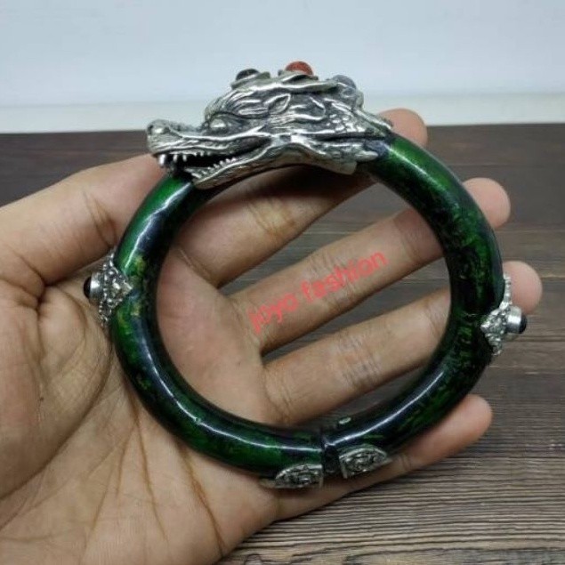 GELANG AKAR BAHAR HIJAU KEPALA NAGA PERAK