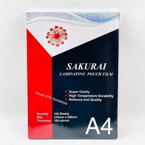 

( DAPAT 1 PAK ) PLASTIK LAMINATING SAKURAI A4 / LAMINASI PANAS SAKURAI Mika Ukuran A4 216 mm x 306 mm 100 Micron Asli Original