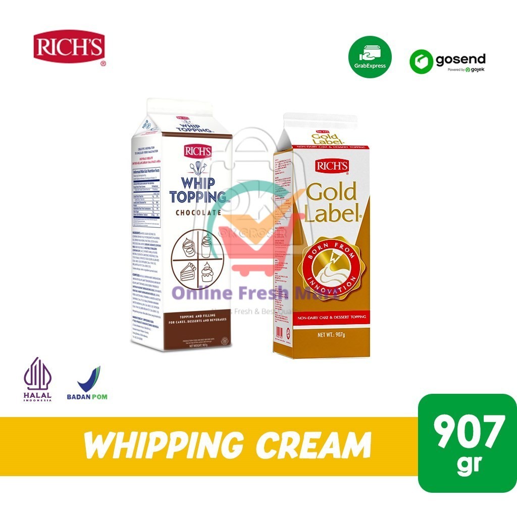 

Richs Gold Label Whipping Cream Non Dairy (907 gr) / Rich / Rich's KHUSUS GOSEND - Online Fresh Mart Denpasar