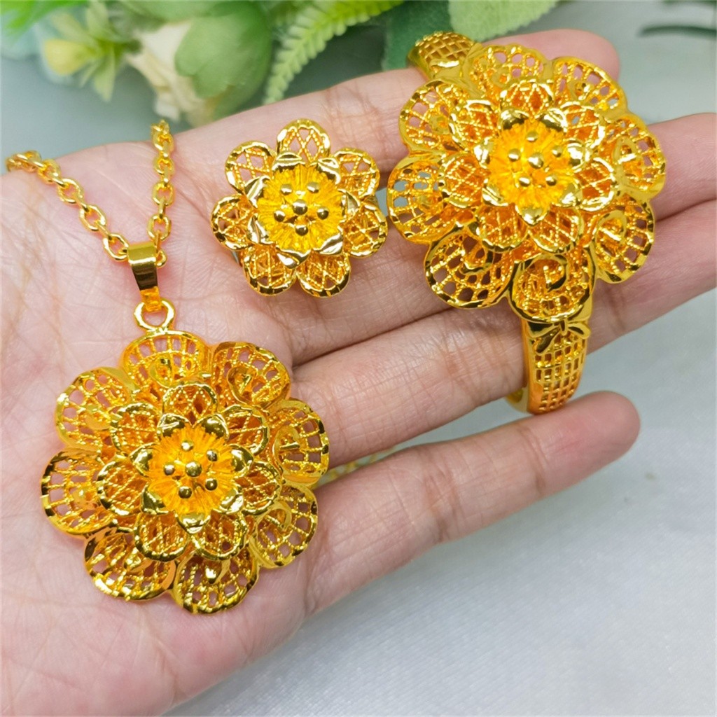Set Dubai India Terbaru Import Gelang Kendari Bangle+Kalung (Panjang45cm)+Cincin Xuping Besar Bunga 