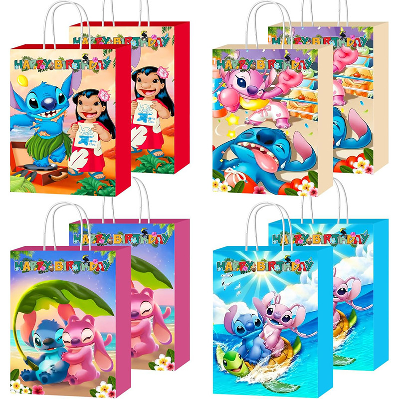 

12/24pcs Stitch Kraft Paper Bags with Handle Cartoon Themed Party Gift Bags Candy Bags Baby Shower Kids Bithday Party Decoration