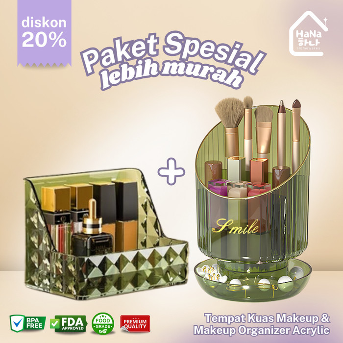 Tempat Kuas Makeup & Makeup Organizer Acrylic Rak Skincare dan Kosmetik (Bundling)