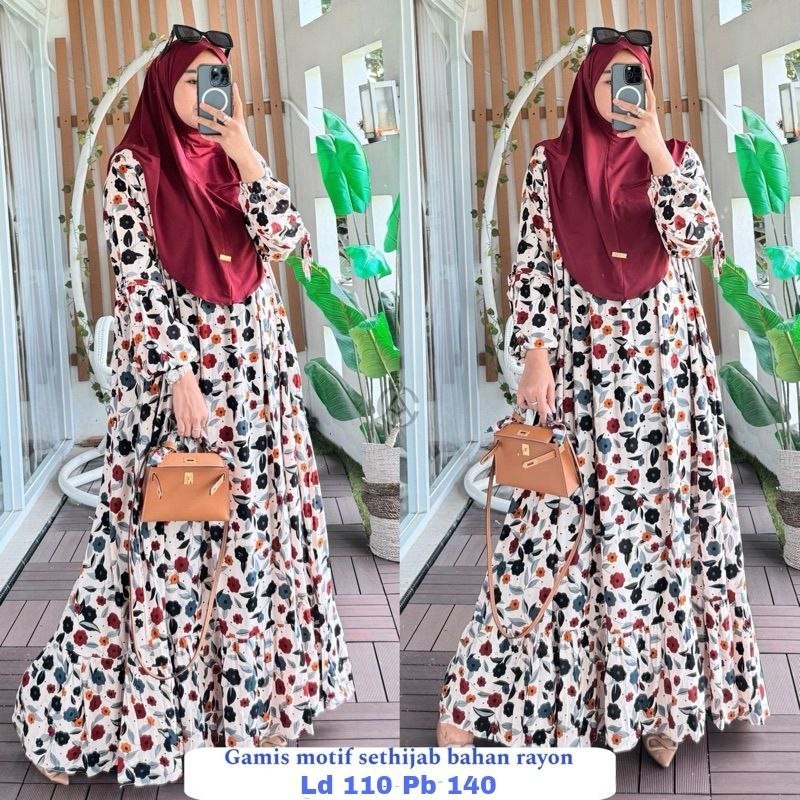 Gamis Set Hijab Bahan Rayon Muslim Set Hijab Bergo Busui Terbaru Terlaris DISHOPEE