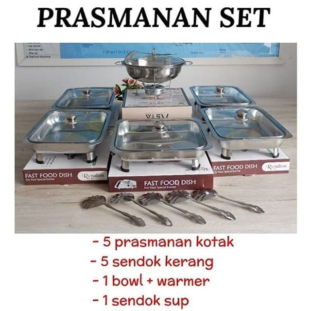 YJ75BM PROMO Tempat Makan Prasmanan set tutup full kaca atau batik bahan stainless isi 5 kotak + 1 b