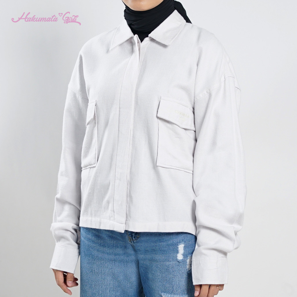 Hakumata Girl - Hivi - Shirt White Crop top Wanita - Kemeja Flanel Pocket Putih Cewek