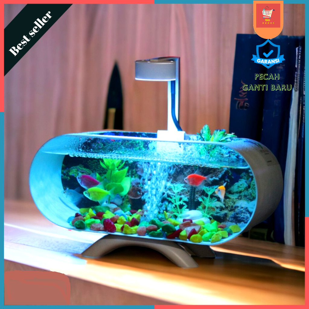 1 Set Lengkap Aquarium Mini Plus Mesin Oxygen Gelembung Dan Lampu Led 3 Watt Minimalis Akuarium Hias