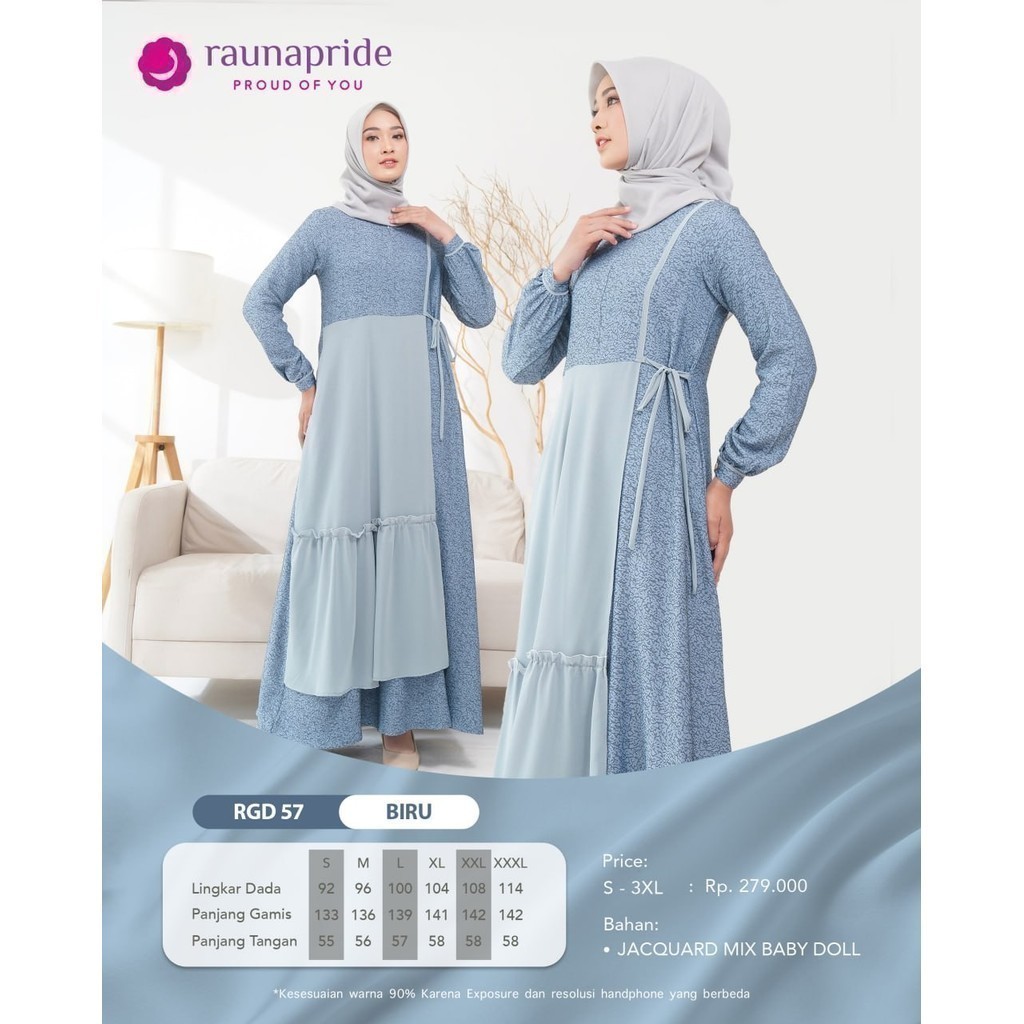 Rauna RGD 57 Gamis Couple Jacquard Baby Doll Bata Mint Maroon Biru Variasi Layer Kerut Kondangan