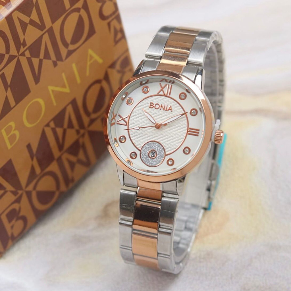 Jam Tangan Wanita Bonia Permata Besar Tali Rantai Body Bulat Tanggal Aktif Box Exclusive